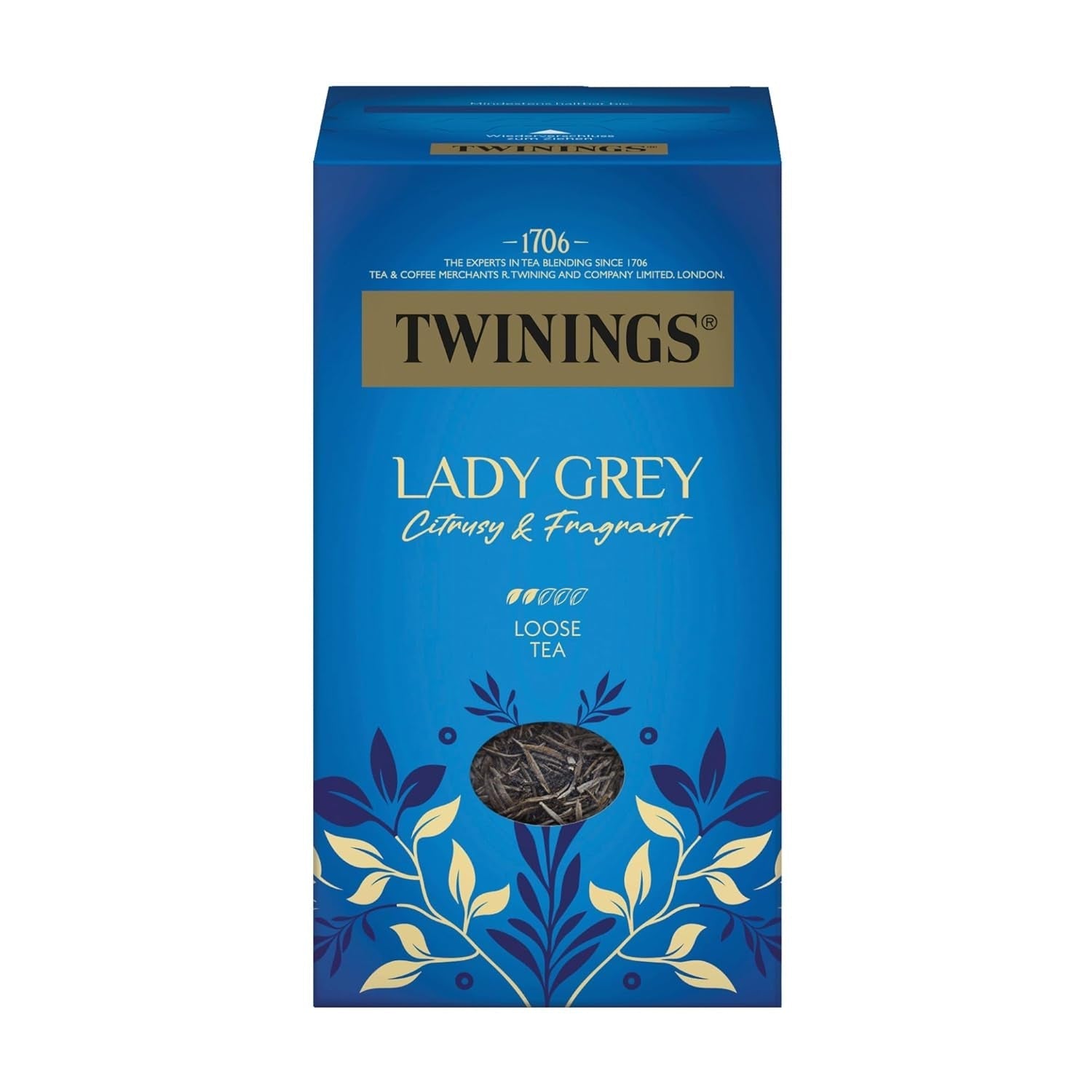 Ceai negru Twinings LADY GREY vrac în cutie de ceai – ceai negru, amestec de soiuri de ceai chinezesc cu coajă de portocală și lămâie, completat cu aromă de bergamotă (200 g)