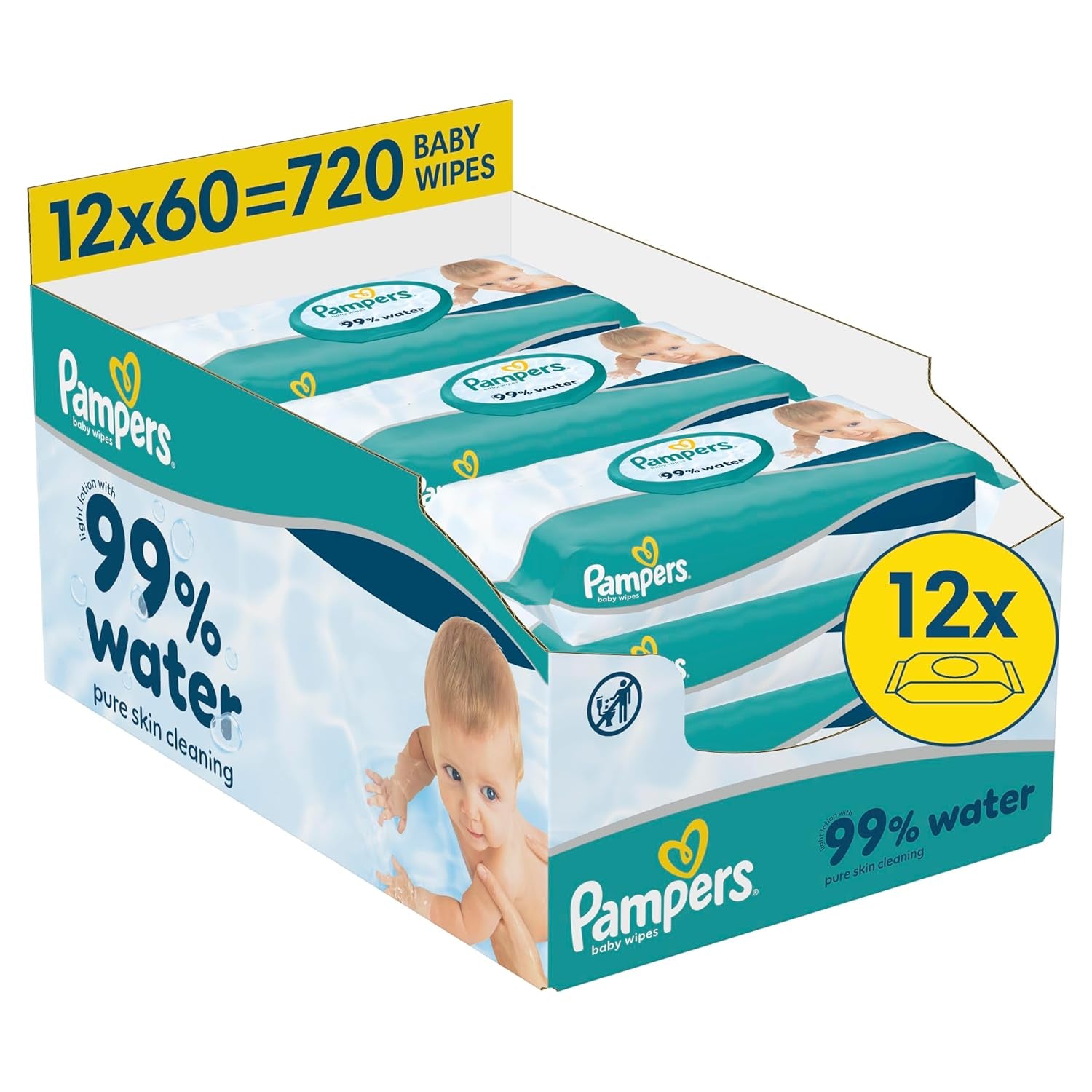 Lingettes pour bébé Pampers 99 % d'eau, 12 paquets de 60 lingettes chacun = 720 lingettes pour bébé, lotion légère 99 % d'eau