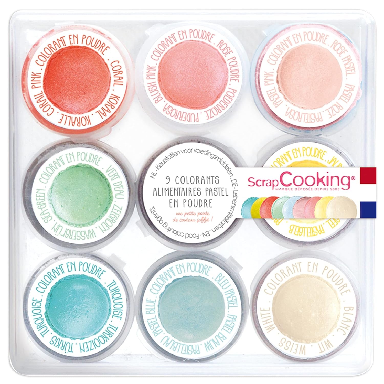 Scrapcooking - Lot de 9 colorants alimentaires pastel - Bleu, Jaune, Corail, Rose, Turquoise, Vert Anis, Blanc, Vert Aqua, Rose Poudré - Poudre colorante comestible pour gâteaux, muffins, macarons - 4272
