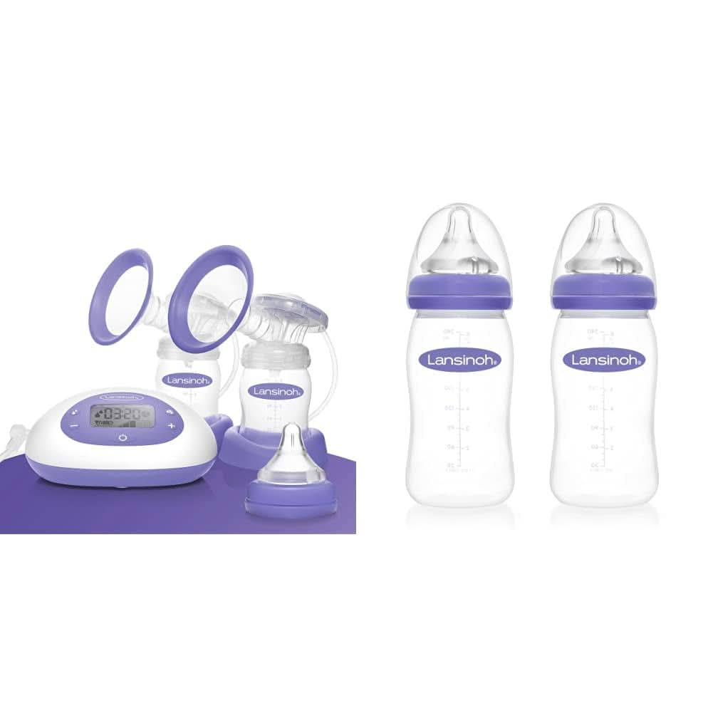 Lansinoh Tire-lait électrique 2 en 1 - écran LCD éclairé - pompage d'un ou des deux côtés - réglable individuellement - plus de lait en moins de temps Accessoires Alimentation et Allaitement Bebe Naty Shop Pack avec biberon M, 2 x 240 ml Tire-lait électrique 2en1 (neuf)