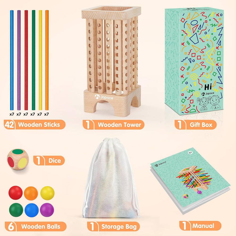 Japace Jeu de société Montessori en bois, 42 bâtons en bois colorés, jeu de dés, jouet d'apprentissage des mathématiques pour les âges 3, 4, 5, 6 ans, jouet de motricité fine et de comptage, jeu familial, jeu de voyage pour enfants