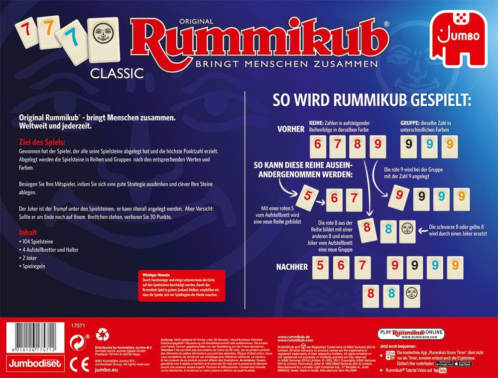 Jumbo Spiele Original Rummikub Classic - der Spieleklassiker unter den Gesellschaftsspielen - pour les enfants et les enfants à partir de 7 ans JUM17571 Multicolore 2,7 x 3,7 cm