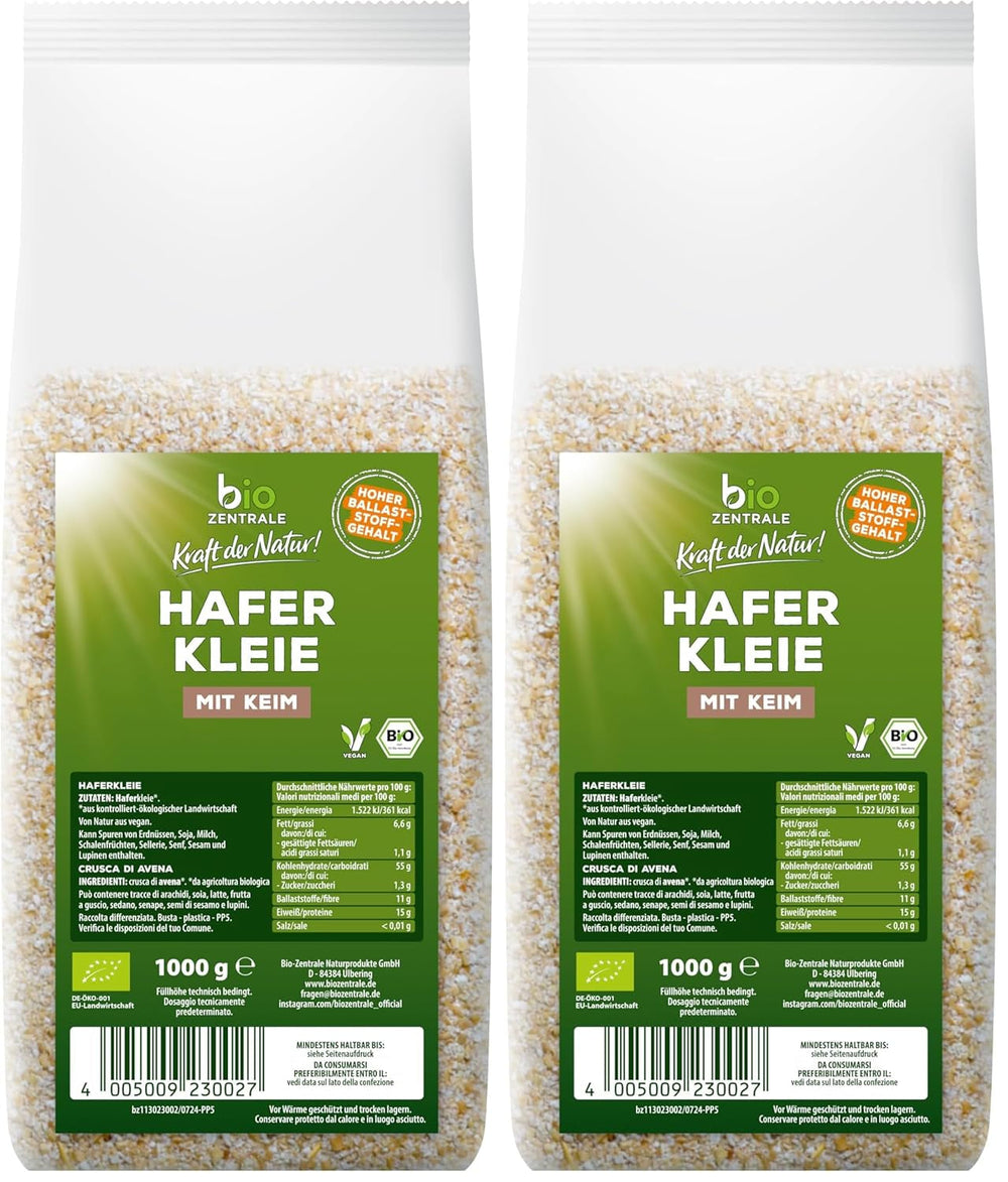 Tărâțe de ovăz organice biozentrale 1 kg | Pachet avantajos | Sursă de proteine bogată în fibre | Natural vegan | Din agricultura UE | Conținut scăzut de zahăr