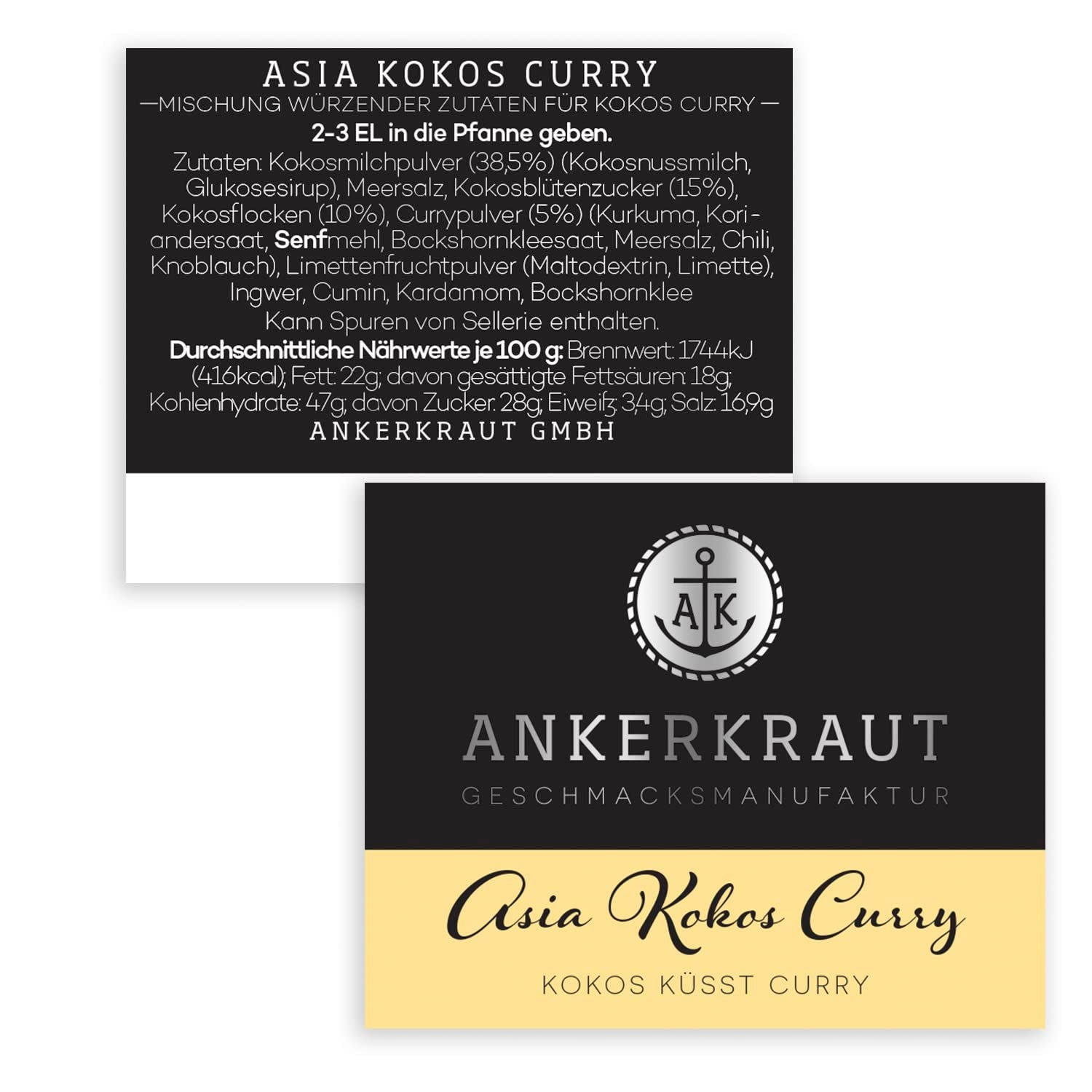 Ankerkraut Asia Kokos Curry, 85g dans un verre en liège, Gewürz für Kokos-Milch Gemüse Fleisch, Einfach Lecker Zu Hause Kochen, Premium Qualität in der Panne