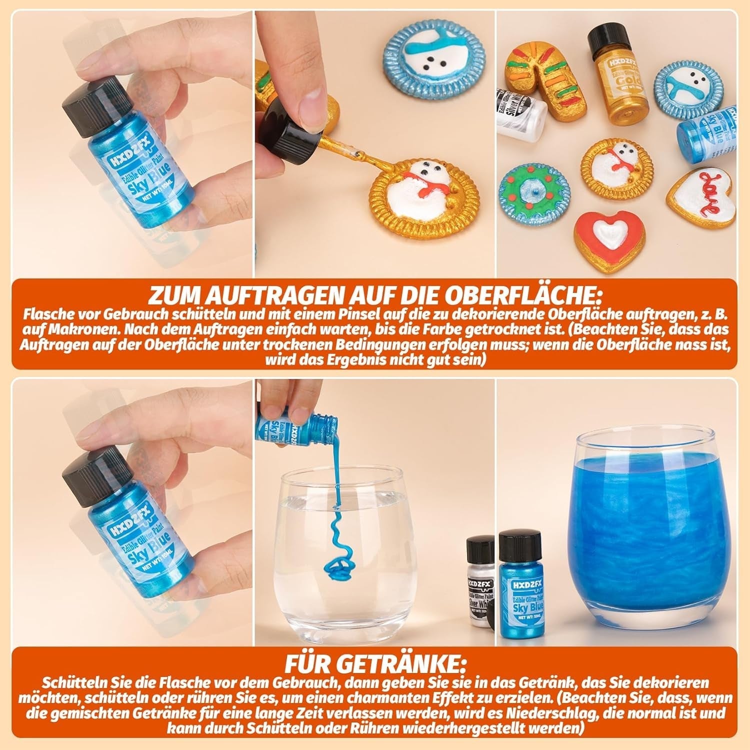 Essbarer Glitzer - 3 Torten Kuchen Deko Essbare, Flüssiges de couleur métallique, Paillettes comestibles pour muffins, cocktails, guimauves - 10 ml Naty Shop