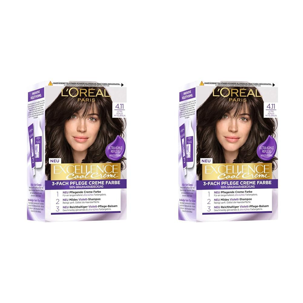 L'Oréal Paris Coloration permanente avec résultat couleur, couverture 100% des cheveux gris, coffret comprenant coloration, shampoing et crème de soin, Excellence Cool Creme, n° 1. 4.11 Ultra Cool Medium Brown (Brown) Naty Shop Hair Dye Titre par défaut