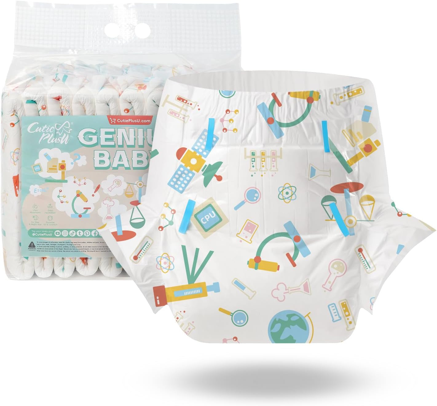 Scutece pentru adulți CutiePlusU, 10 bucăți, chiloți de incontinență de unică folosință cu tablă pentru femei și bărbați, absorbție maximă peste noapte - Little Princess (Mărime mare 94-119 cm)