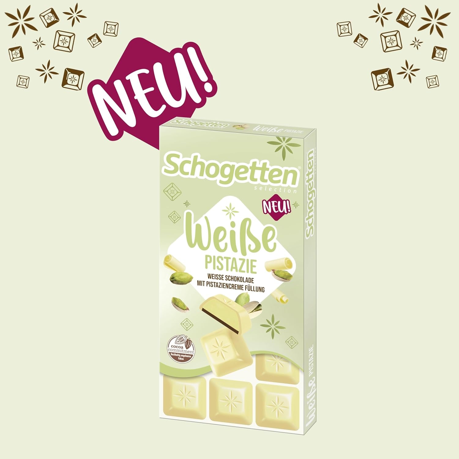 Schogetten Fistic Alb | Ciocolată albă cu umplutură de cremă de fistic | 100 g | Porționat convenabil (pachet de 3)