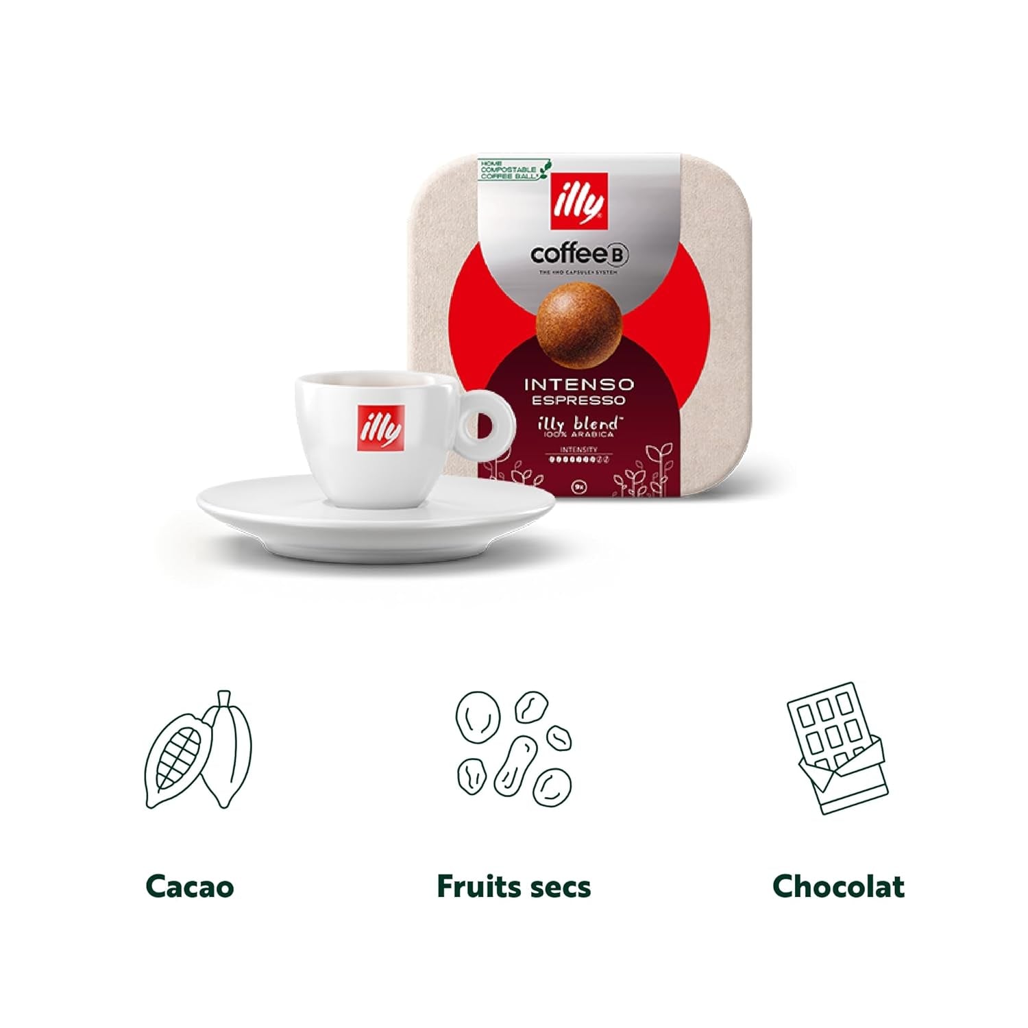 CoffeeB illy Intenso Espresso – Tasses à café compostables, 9 pièces, compatibles avec les machines CoffeeB, avec notes de Kakao, chocolats et fruits de mer