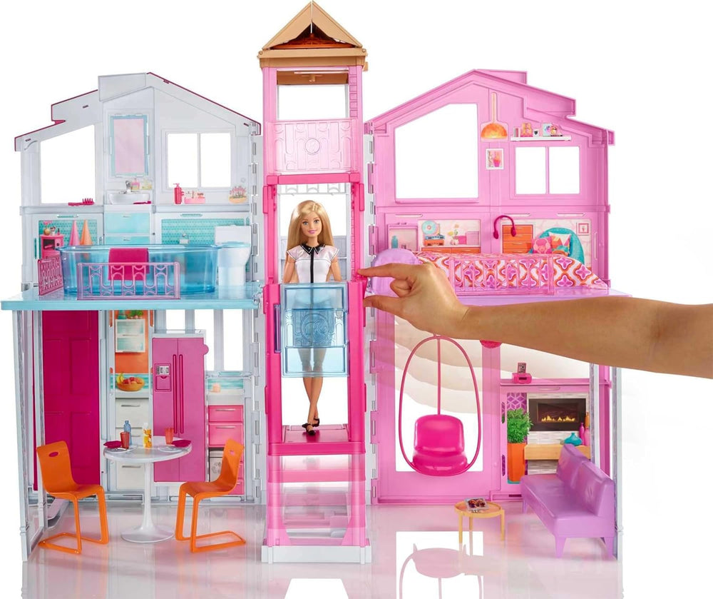Barbie Dream House, maison de ville sur 3 étages et 5 pièces, comprend des accessoires comme des meubles, pliable et rangement, jouet pour 3 ans et plus, DLY32