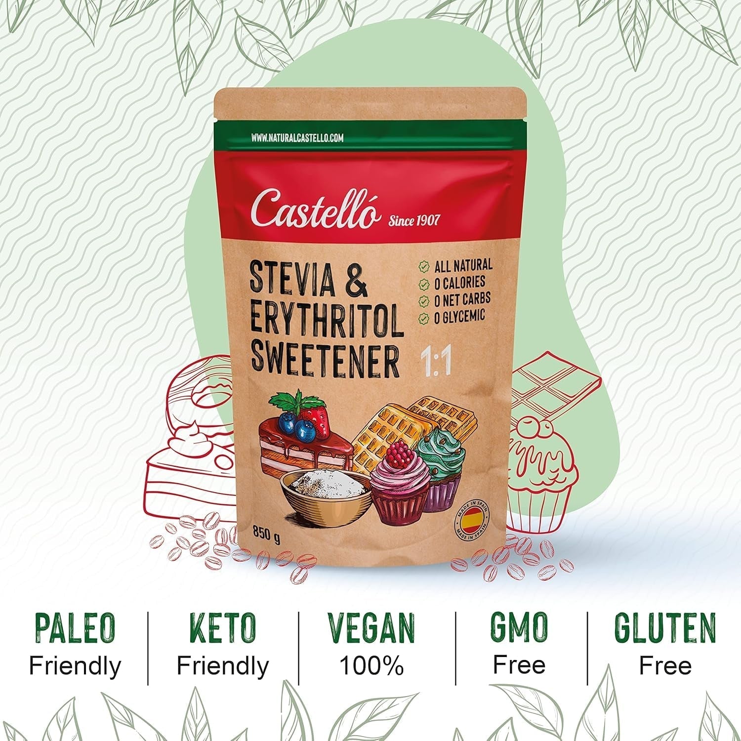 Stevia + Erythritol 1:1 Tissu doux | 1G = 1G Zucker | Ingrédients 100% naturels - 0 calories - 0 indice glycémique - Keto et Paleo - 0 hydrate de sodium net - Kein GVO - Castello depuis 1907-850 G Édulcorants Naty Shop