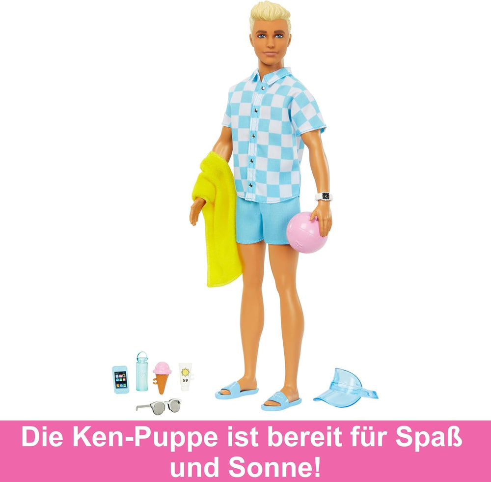 Barbie Ken - Poupée blonde avec chemise bleue et tablier de bain, accessoires de plage et ballon de plage pour un jeu créatif, à partir de 3 ans, HPL74