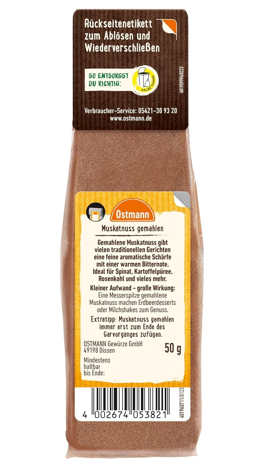 Ostmann Gewürze - Muskatnuss gemahlen | Idéal pour donner du goût aux plats de pommes de terre Zum Nachfüllen der Streudose | Sachet refermable de 50 g