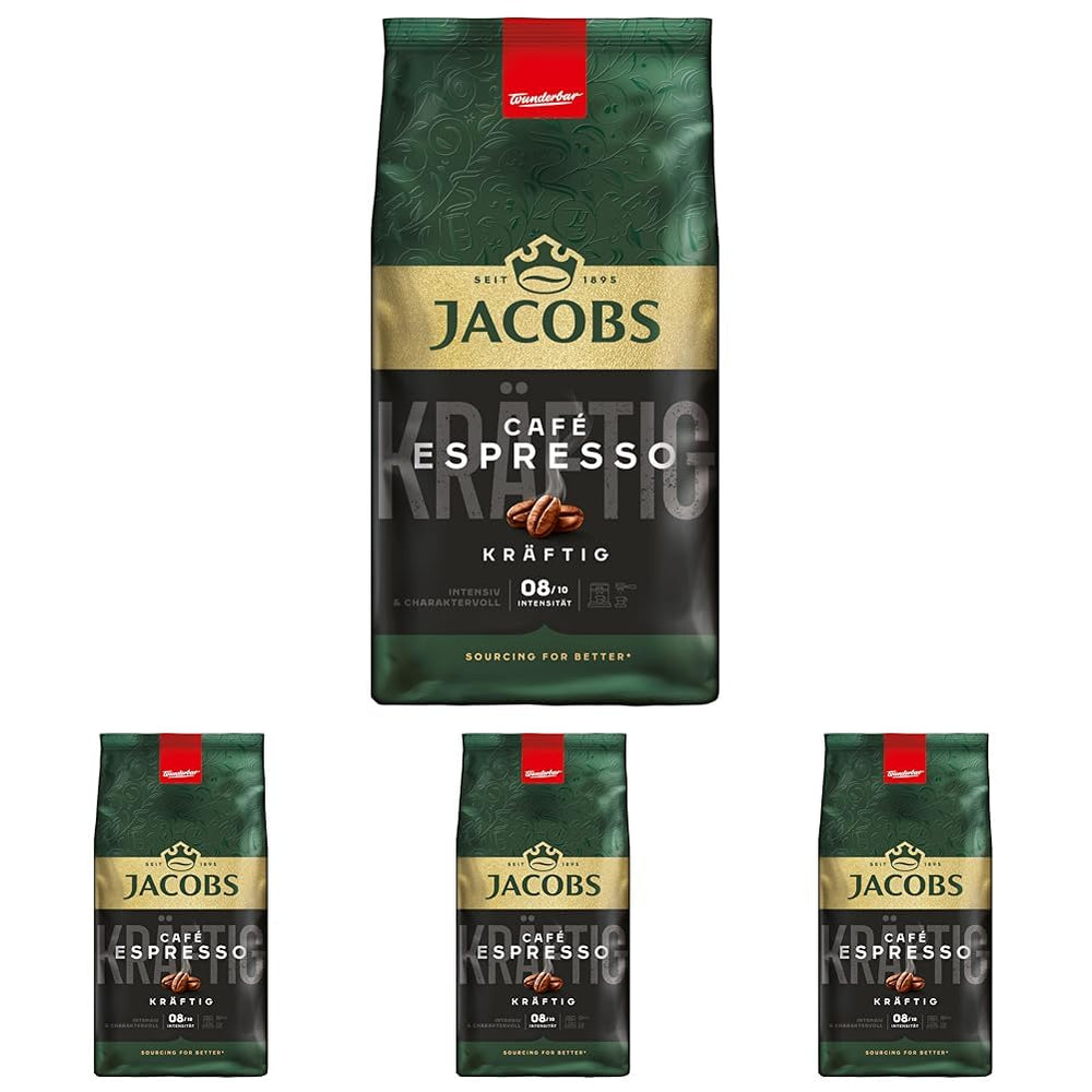Café en grains Jacobs Café Espresso 1kg - Grains Arabica et Robusta forts, épicés, force 8/10, idéaux pour l'espresso (paquet de 4)