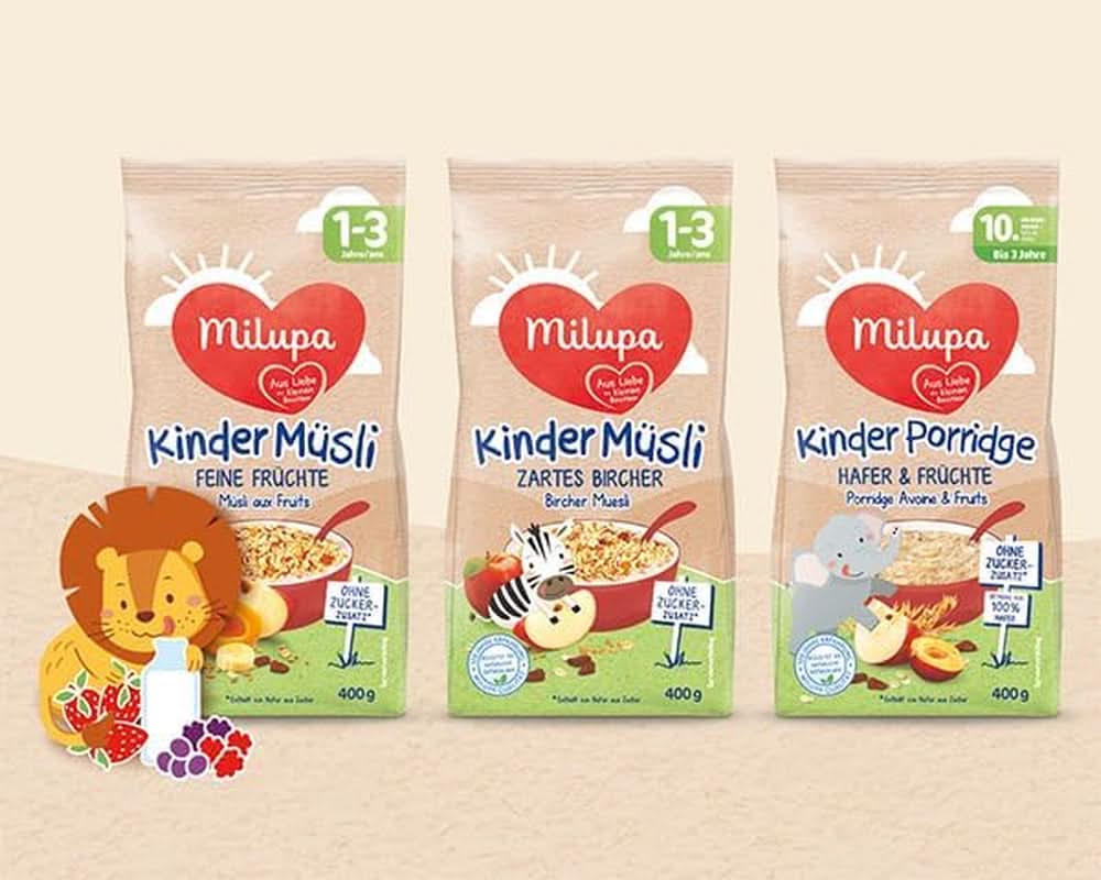 Milupa enfants muesli fruits fins - muesli céréales petit déjeuner de 1 à 3 ans, sans sucre ajouté, 4 x 400g Mère et Enfant Naty Shop