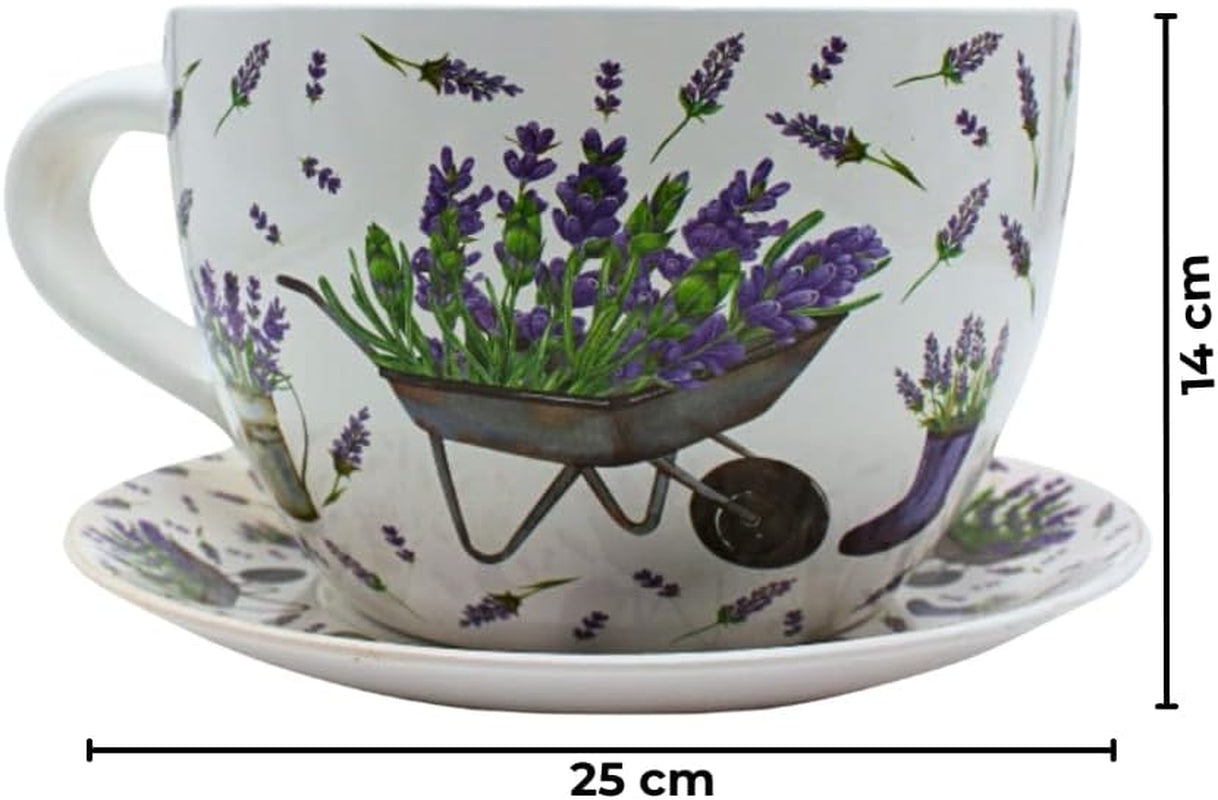 Ghiveci de flori Dekohelden24, jardinieră, ghiveci pentru plante, recipient pentru plante, ghiveci de flori. Ghiveci ceramic în formă de cupă cu mâner, design: lavandă, L/l/Î 25 x 23 x 14 cm.