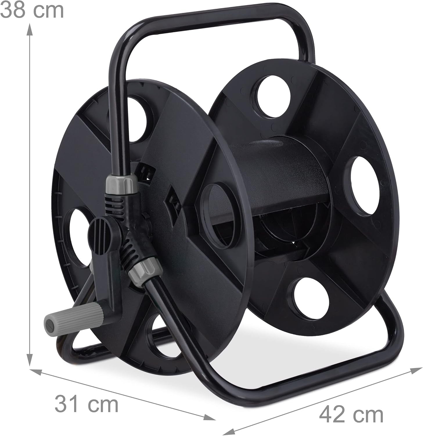 Enrouleur de tuyau Relaxdays, pour tuyau 30 m 1/2", acier, plastique, support de tuyau, HL : 38 x 42 x 31 cm, noir/gris