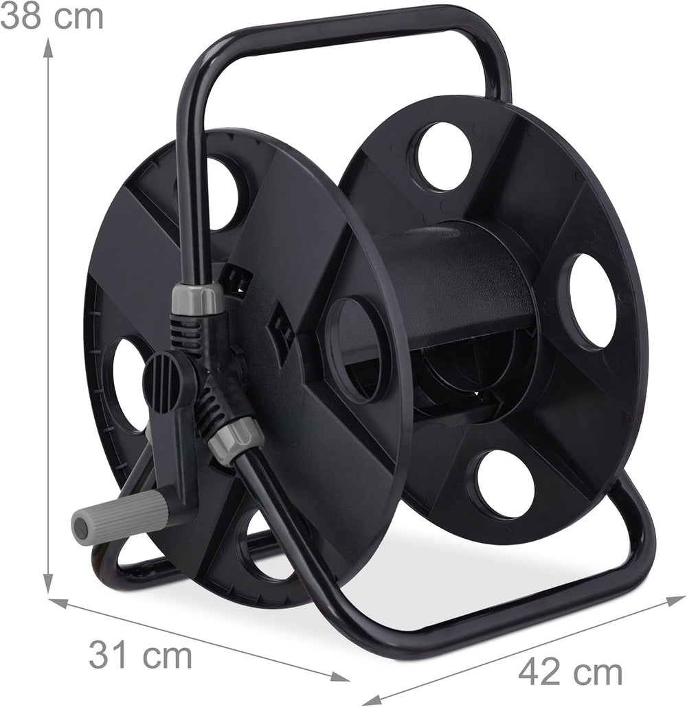 Enrouleur de tuyau Relaxdays, pour tuyau 30 m 1/2", acier, plastique, support de tuyau, HL : 38 x 42 x 31 cm, noir/gris