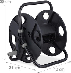 Enrouleur de tuyau Relaxdays, pour tuyau 30 m 1/2", acier, plastique, support de tuyau, HL : 38 x 42 x 31 cm, noir/gris