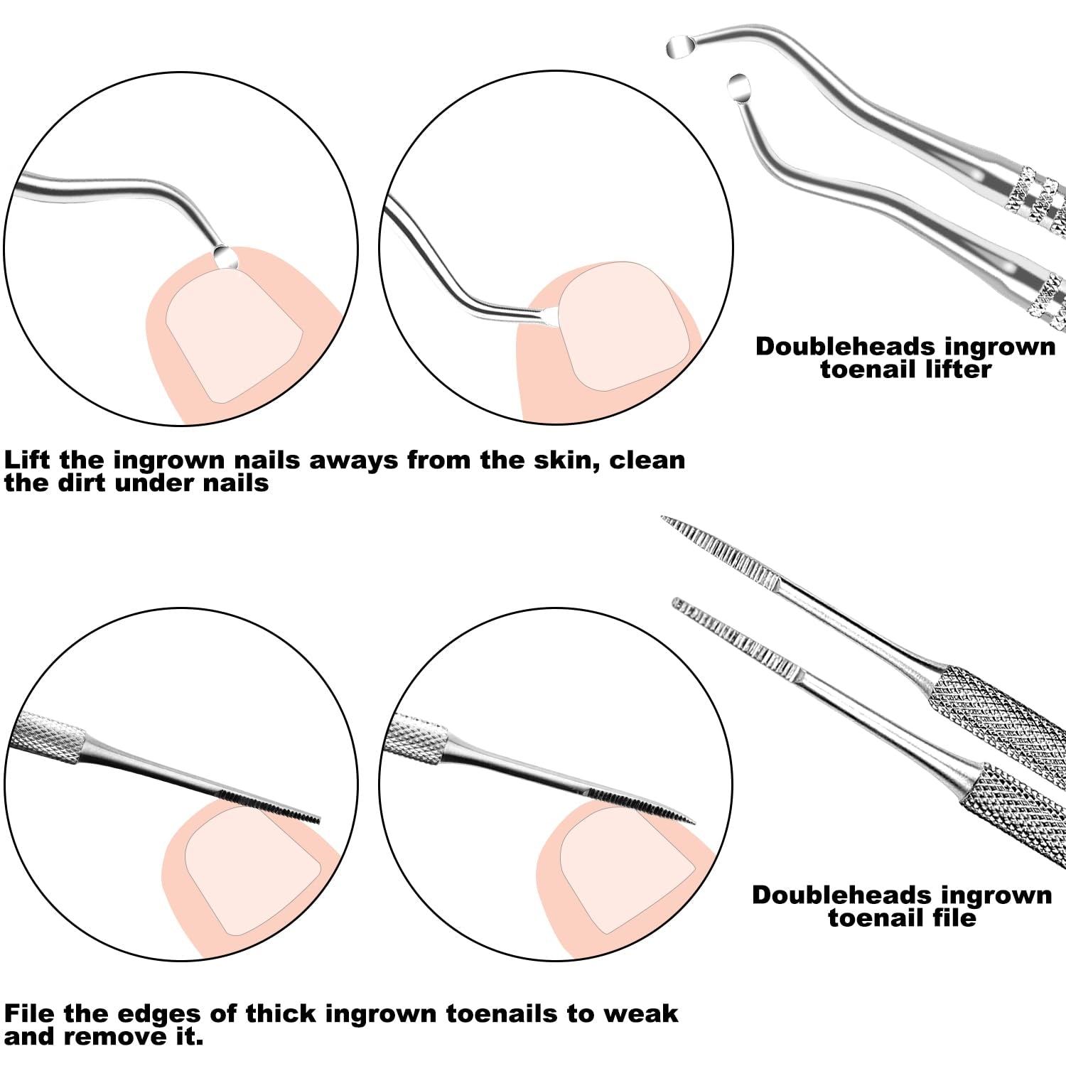 7-Teiliges Set Mit Filen Und Hebern Für Die Unternagelpflege, Set Aus Edelstahl Zum Entfernen Eingewachsener Zehennägel, Nagelreiniger Für Die Unternagelpflege, Pediküre-Werkzeuge