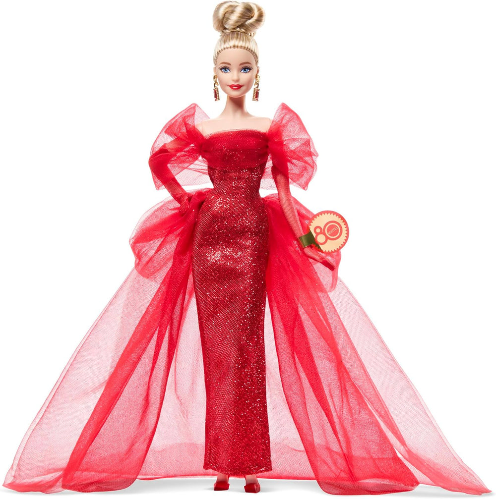 Barbie Signature Doll 80e anniversaire Mattel Figurine de collection en robe de tulle rouge scintillant avec boucles d'oreilles en forme de larme et gants délicats cheveux blonds JBJ17