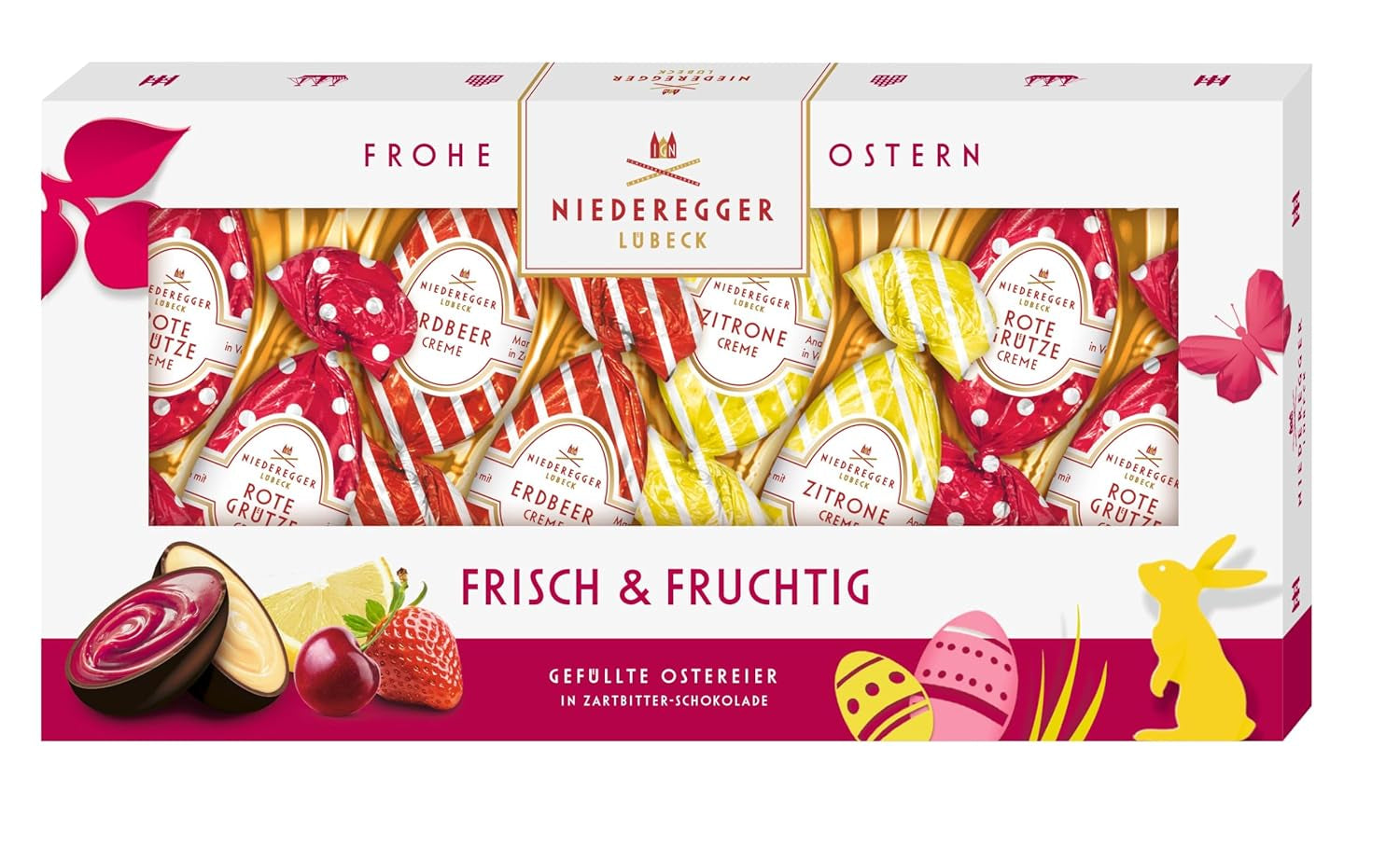 Niederegger | Oeufs en chocolat | Frais et fruité | 1x100g | Œufs fourrés aux saveurs de citron, fraise et crème de fruits rouges | Recouvert de chocolat noir | Oeufs de Pâques | Cadeau de Pâques