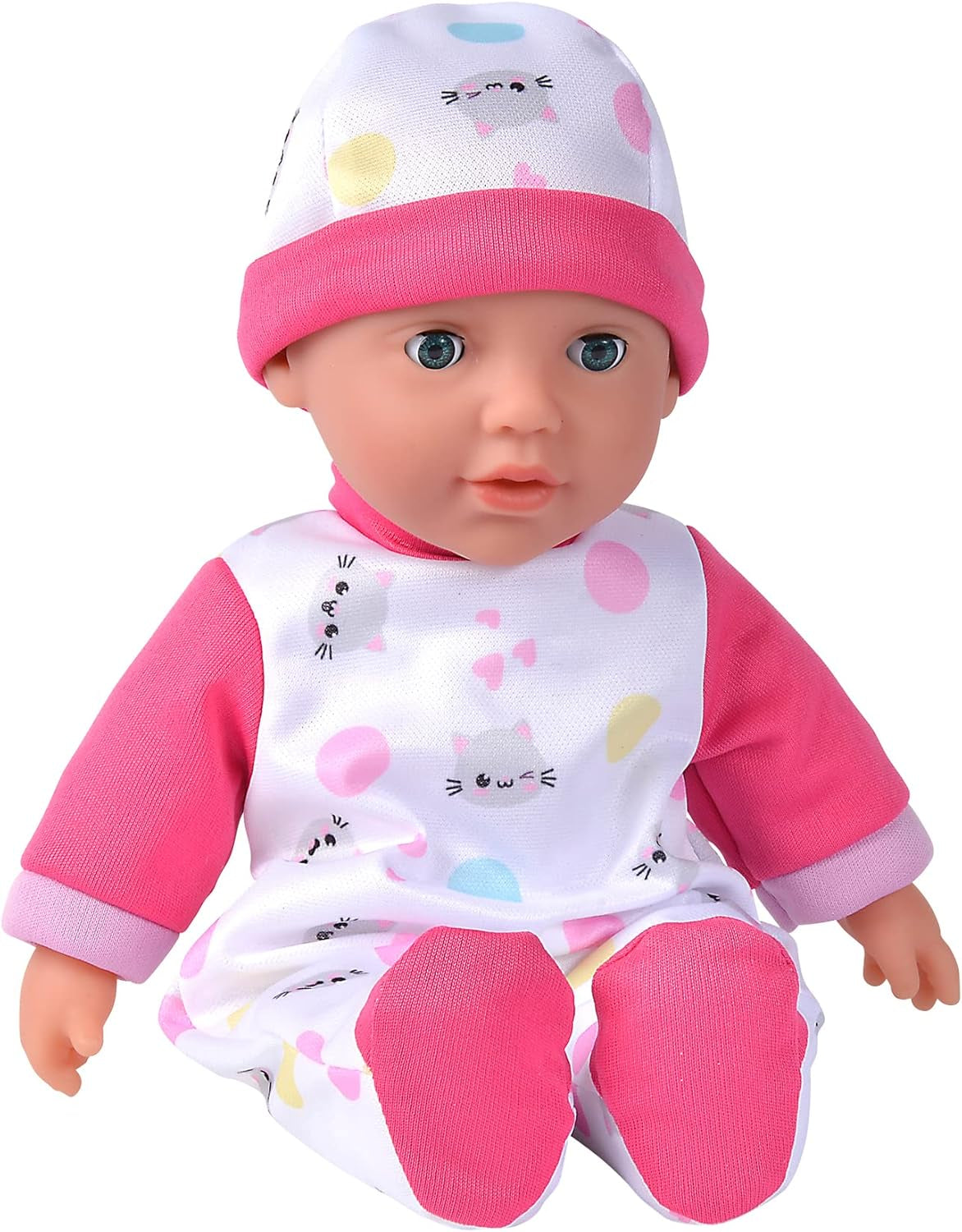 Simba 105140004 - Laura Cutie, poupée au corps doux et aux yeux endormis dans une jolie combinaison minou, 5 sons, 30 cm, à partir de 12 mois