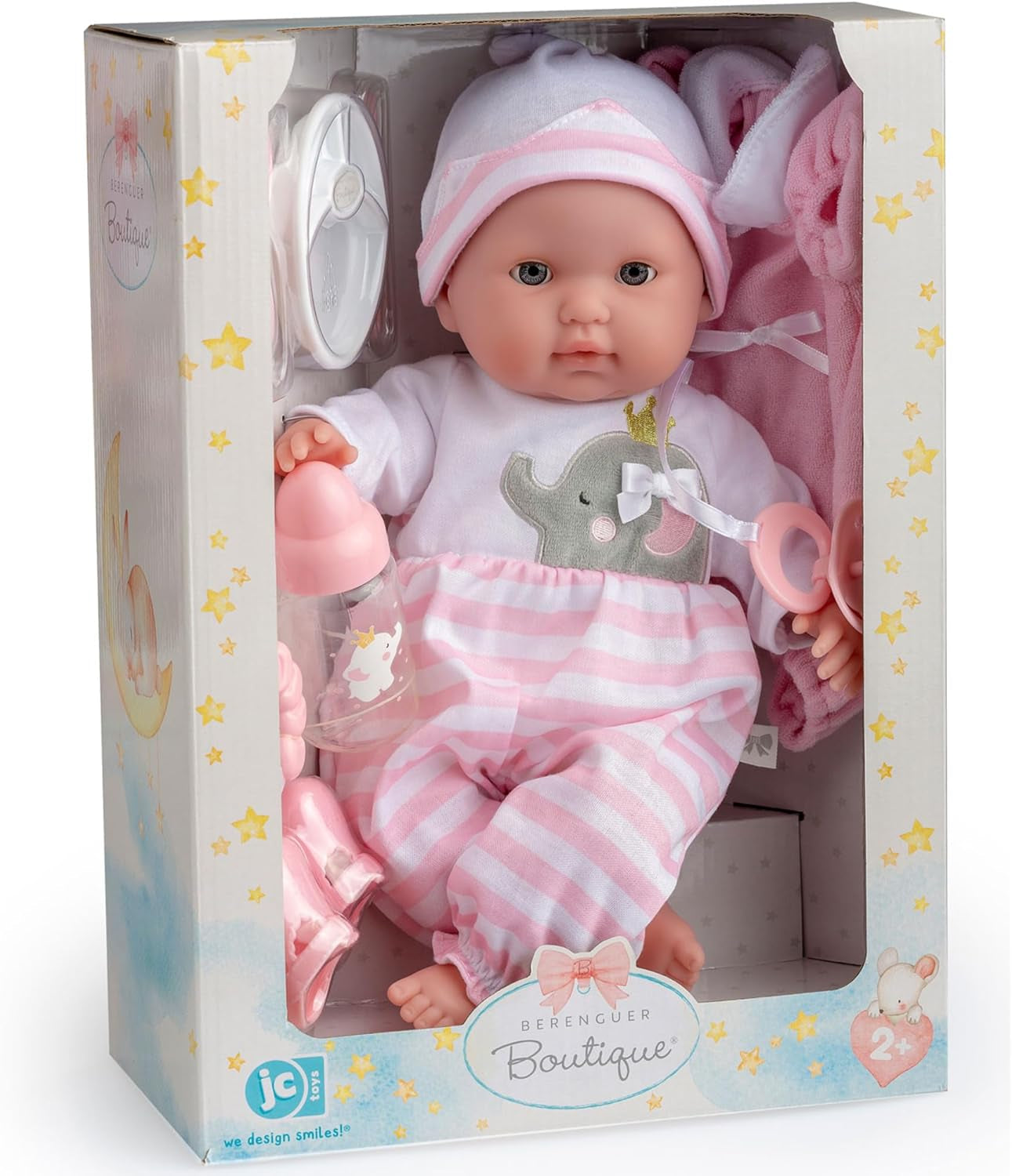 JC Toys- Berenguer Boutique 38 cm große realistische Babystoffpuppe mit offenen/geschlossenen 10-teiliges Geschenkset mit Flasche, Rassel, Schnuller & Zubehör Rosa Ab 2 Jahren
