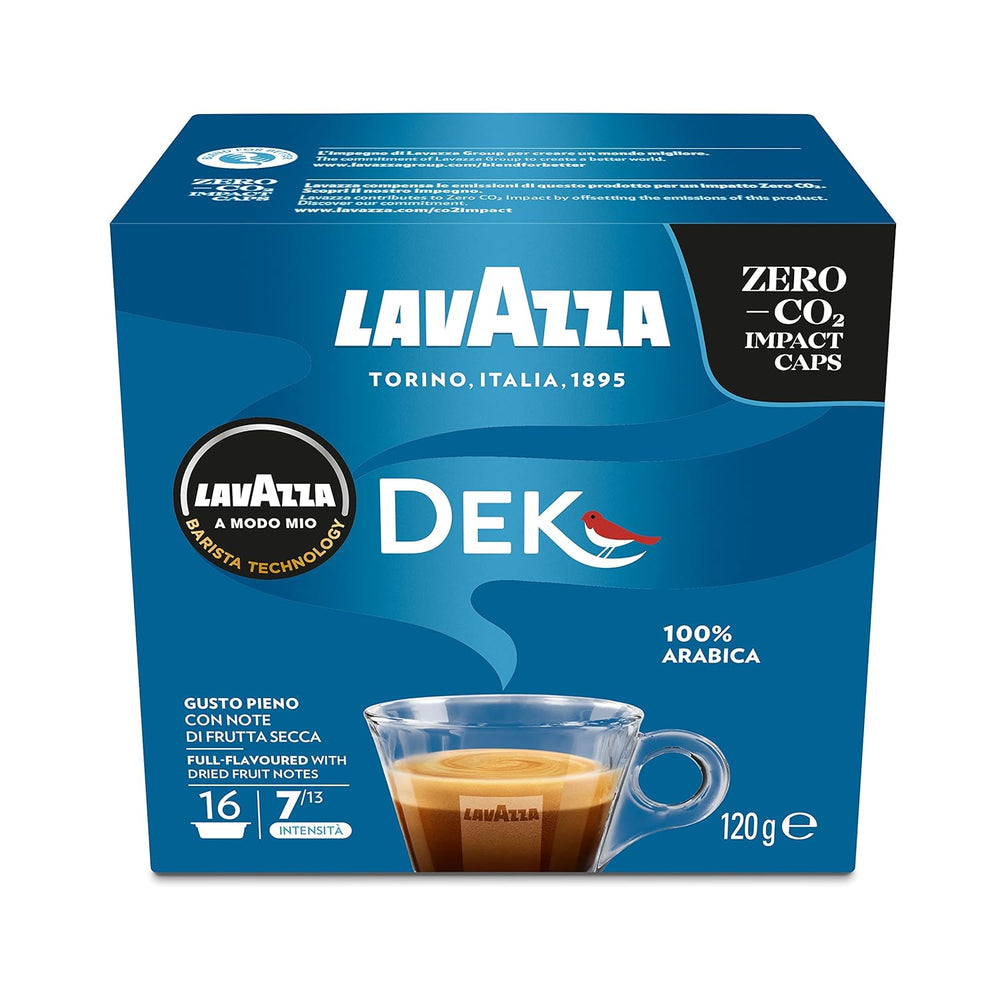 Lavazza A Modo Mio Dek Cremoso, 256 capsules de café, pour expresso décaféiné aux notes aromatiques d'amandes et de canditis, 100% Arabica, intensité 7/13, torréfaction moyenne, 16 paquets