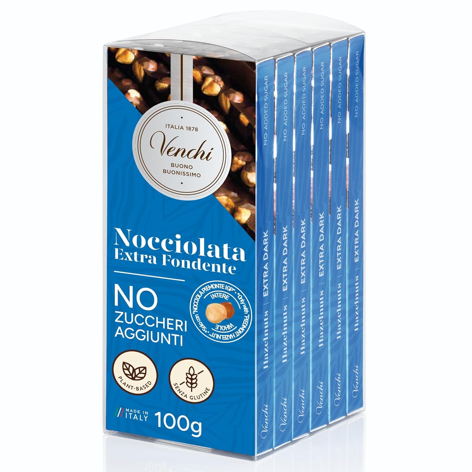 Venchi - Pack de 6 tablettes de chocolat noir aux noisettes, 600g - Sans sucre ajouté - Sans édulcorants artificiels - Sans gluten - Vegan - Idée cadeau