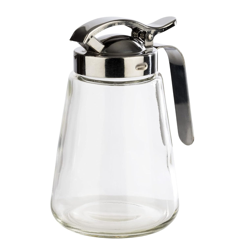 APS 765 Mug universel, mug verseur en verre avec bouchon à vis en acier inoxydable, mug verseur pour miel, café crème ou autres liquides, 8,5 x 12 cm, hauteur 13 cm