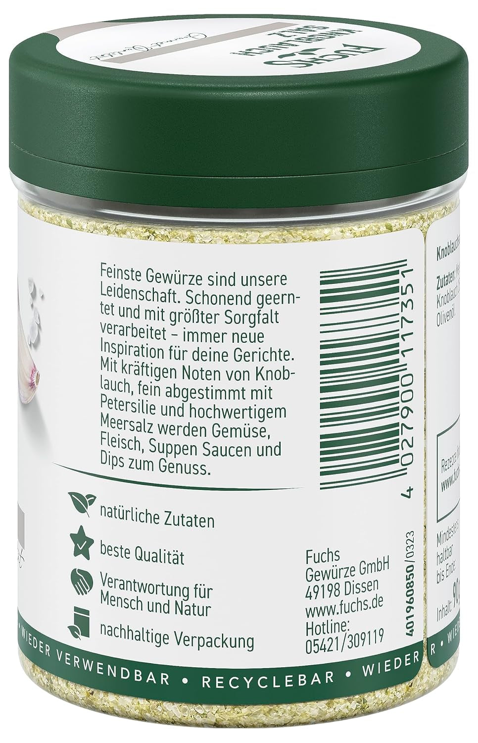 Fuchs Gewürze - Knoblauchsalz - Gewürzsalz für Dips, Saucen und Gemüse - ingrédients naturels - 90 g en dose variable, recyclable