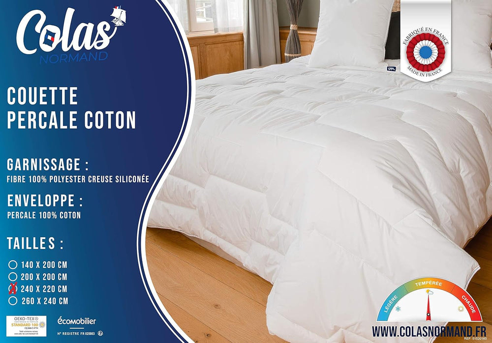 Couette Percale Coton 240 X 220 cm Haute Qualité 100% Percale Coton Doux et Confortable Durable Finition Fine Fabriqué en France Couettes et Couettes Blanc Naty Shop