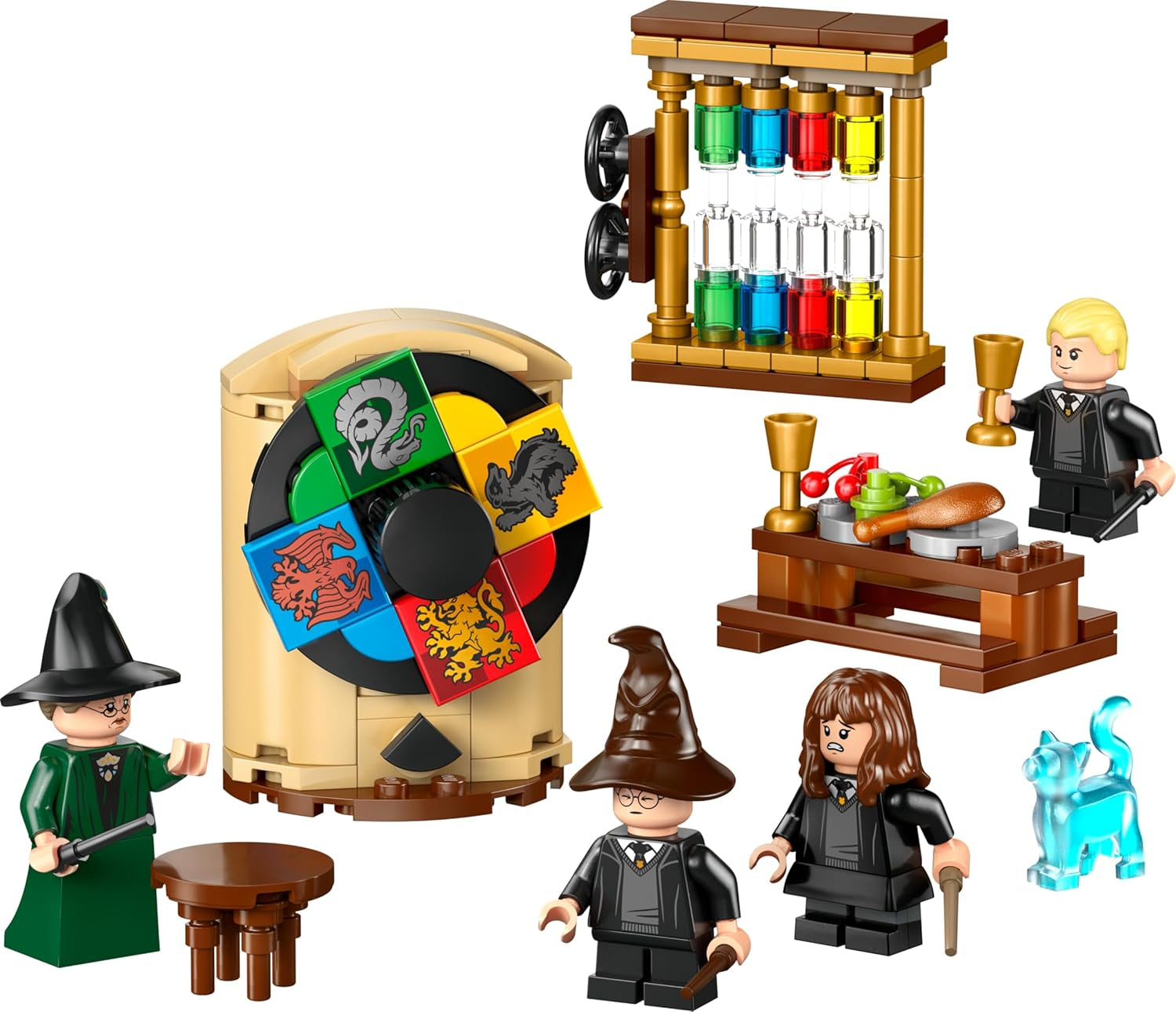 LEGO Harry Potter Schloss Hogwarts: Auswahlzeremonie mit dem Sprechenden Hut - Patronus, Hermine und Draco Malfo Minifiguren mit Zauberstäben, Spinnrad - Geschenk für Kinder ab 7 Jahren - 76460