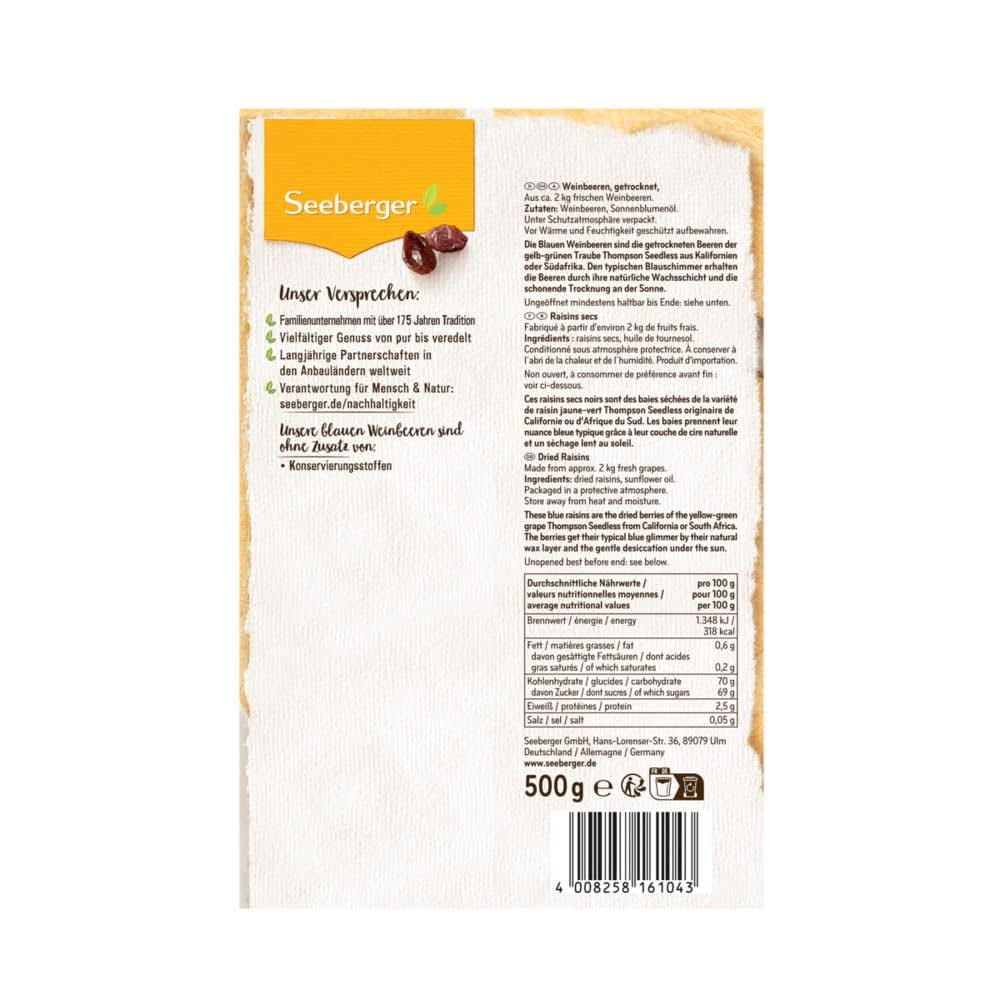 Seeberger, Raisins secs Thompson juteux-sucrés sans pépins, 8 x 500 grammes Produits déshydratés Naty Shop