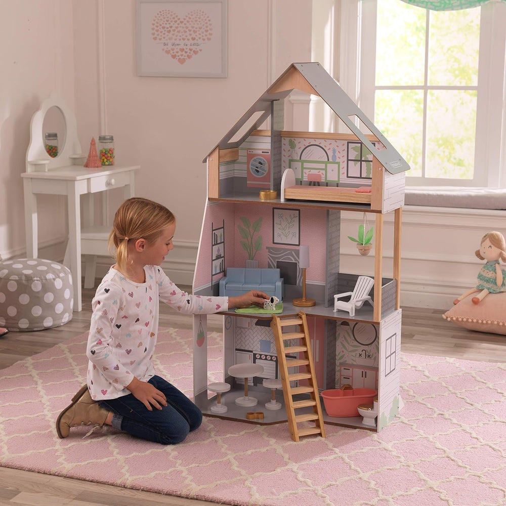 Kidkraft Alina Maison de poupée en bois avec meubles et accessoires pour poupées de 30 cm, ensemble de jeu à 3 niveaux avec chien et escalier mobile, jouet pour enfants de 3 ans, 10229 Naty Shop Dollhouses