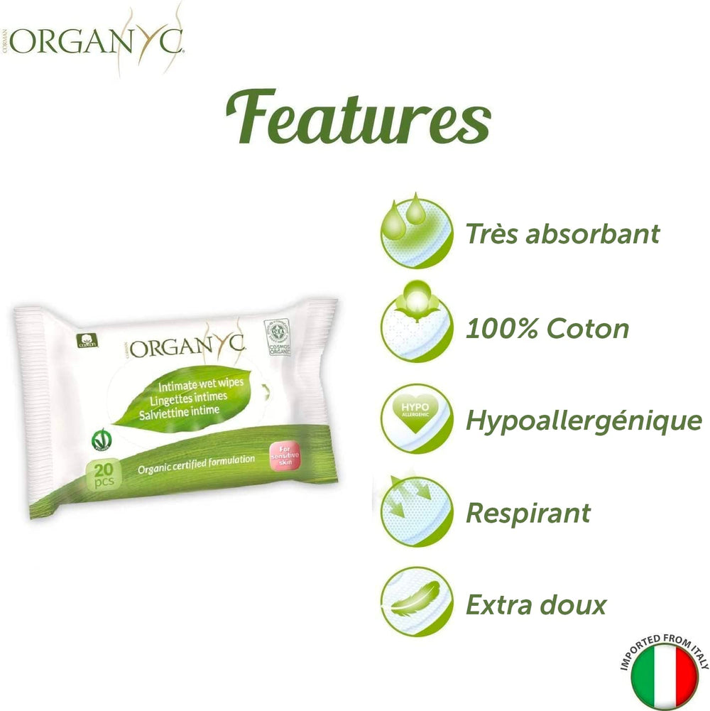 Lingettes intimes Organyc Moist, fabriquées à partir de coton biologique certifié à 100 % - 4 paquets de 20 lingettes (80 lingettes au total)
