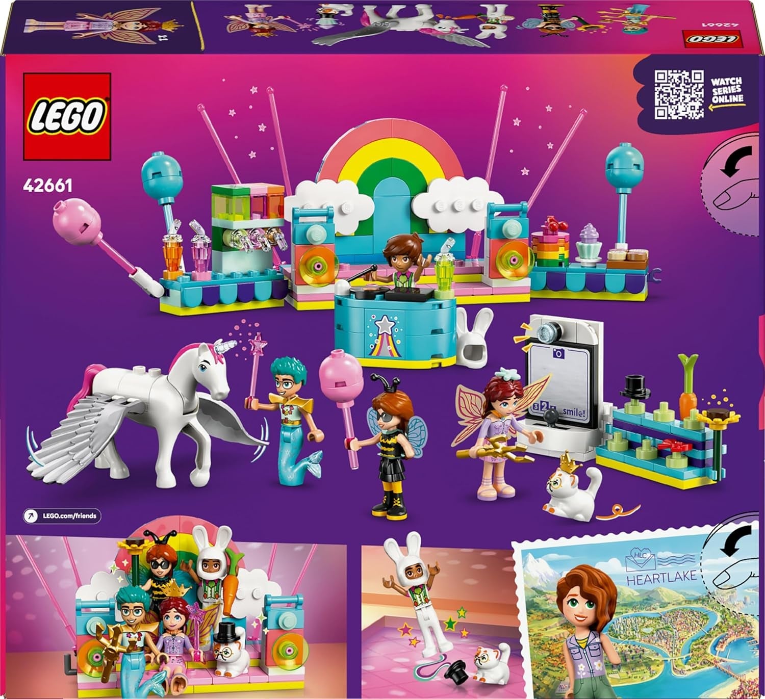 LEGO Friends Kostümparty mit Einhorn und Fee - Spielzeug für Mädchen ab 6 Jahren - Bühne, DJ-Pult, 4 Minipuppen, der Katze Churro und Einer Pferdefigur sowie lustigem Zubehör - Geschenkidee - 42661
