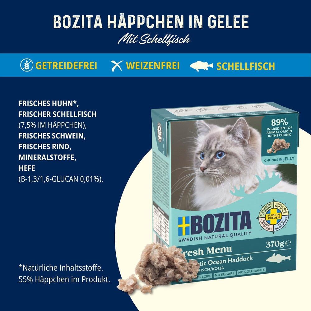 Bozita Tetra nourriture humide à l'aiglefin en gelée - 6 x 370g de nourriture pour chat sans céréales, sans sucre ajouté et sans OGM - équilibrée, délicieuse, avec 7,5% de protéines et 5% de matières grasses