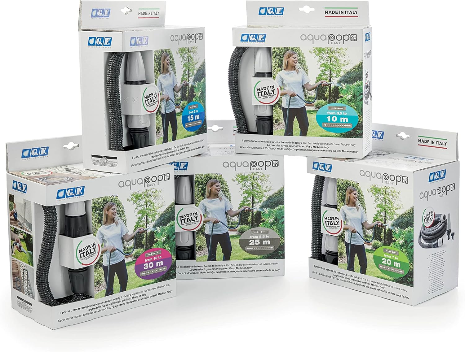 GF SRL, Aquapop Grey Easy 10, furtun împletit autoextensibil de 10 metri, fabricat în Italia, cu mini pulverizator de grădină și conectori pentru irigarea grădinii, gri închis