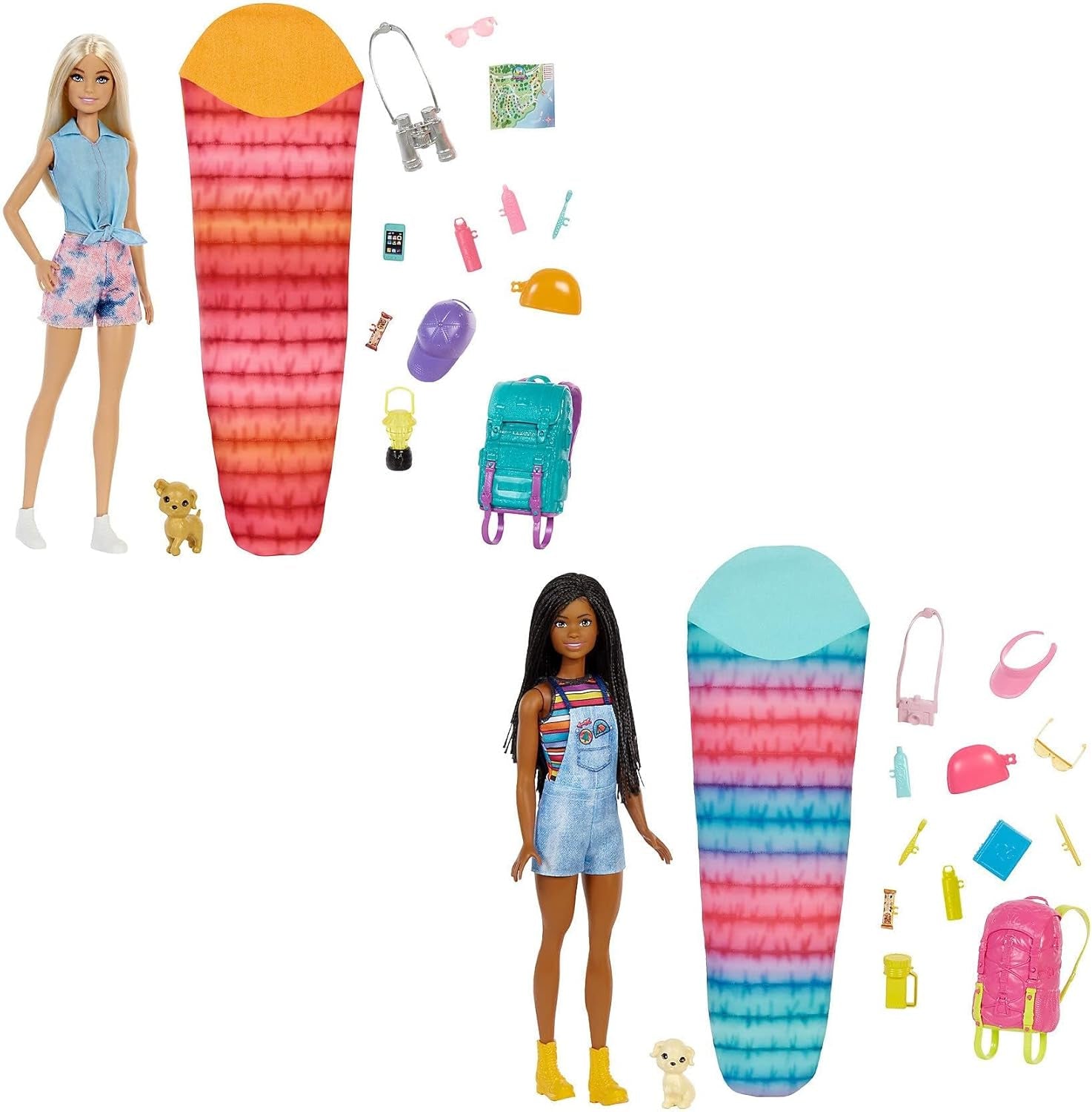 Barbie HDF74 Lot de 2 poupées ! Brooklyn Camping Doll (Brunette avec nattes tressées, env. 29 cm) avec chiot, sac à dos, sac de couchage, 10 accessoires de camping, cadeau pour les enfants à partir de 3 ans