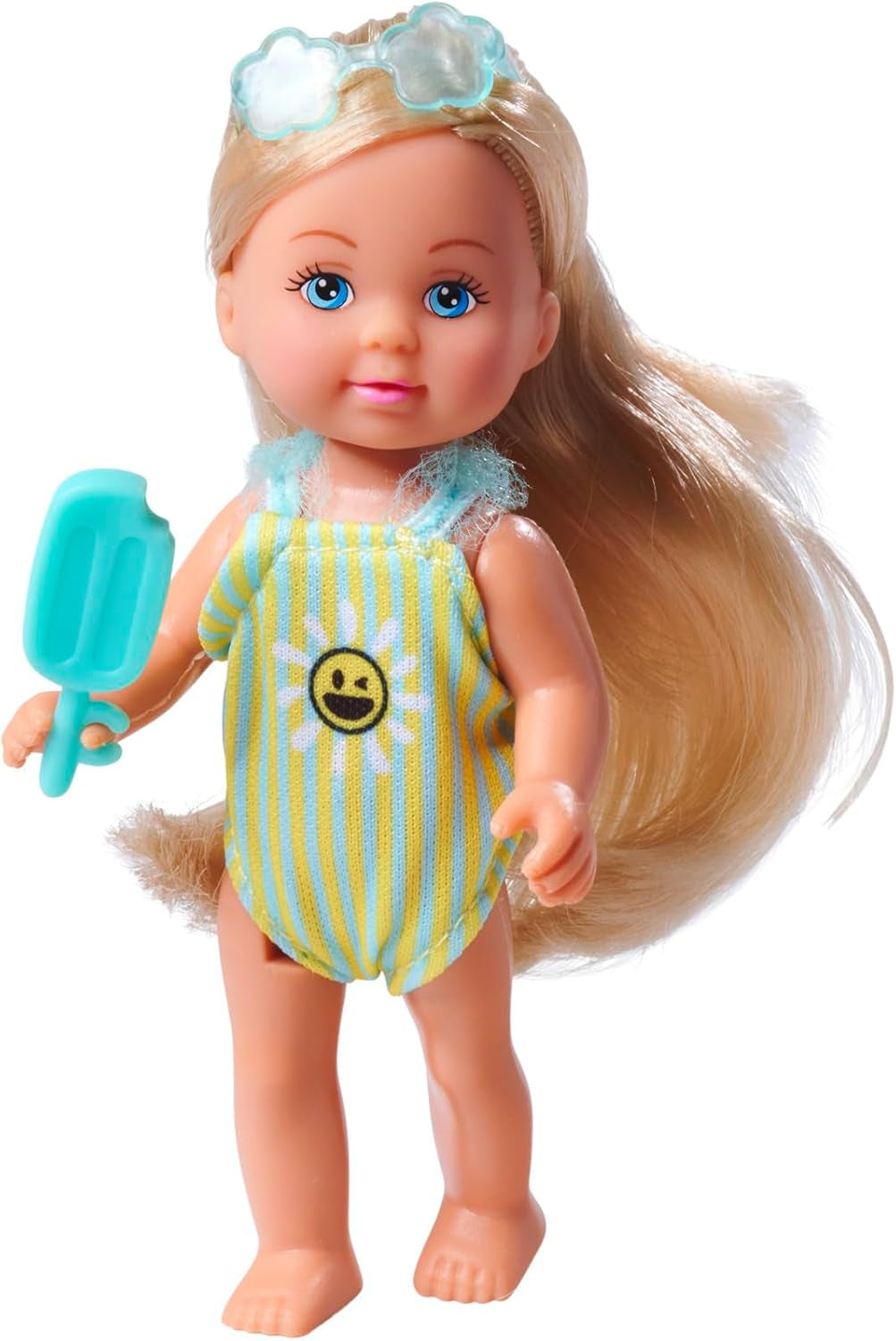 Simba Evi Love Travel, 2 modèles assortis, UN seul article sera livré, poupée dans une valise à roulettes, porte un maillot de bain à volants, comprend des lunettes de soleil et de la glace, 12 cm, à partir de 3 ans