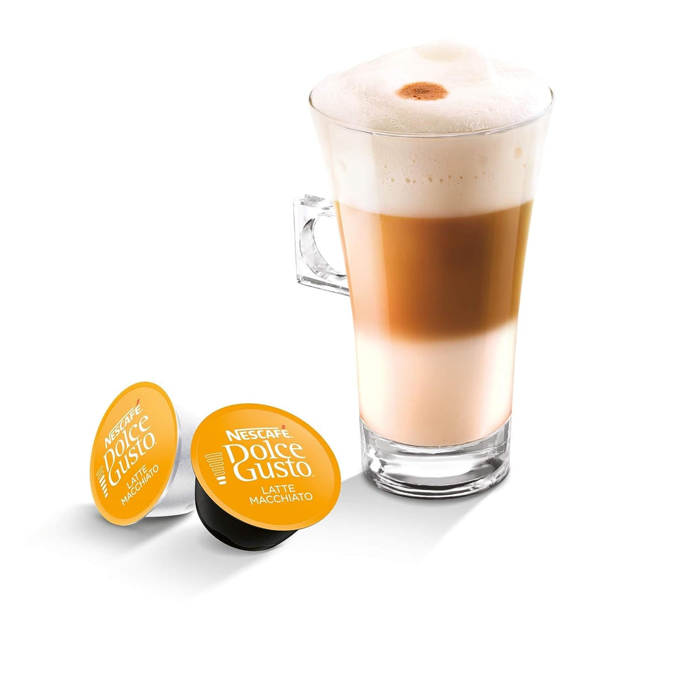 NESCAFÉ Dolce Gusto Latte Macchiato, 48 Kaffeekapseln, Aromatischer Espresso, 3-Schichten -Köstlichkeit aus feinem Milchschaum, Aromaversiegelte Kapseln, 6er Pack (3x16 Kapseln)