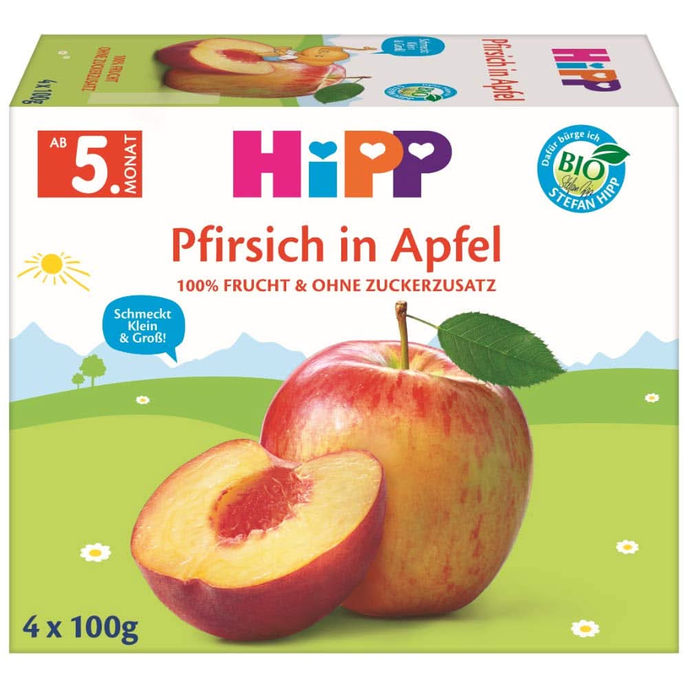 Hipp Fruits biologiques, Bananes en compote de pommes, paquet de 6 (6 x 400 g) Mère et Enfant Naty Shop 99,2 grammes Pêches, pommes