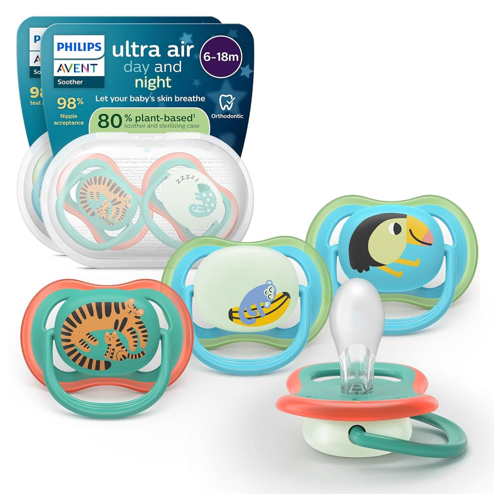 Sucettes Philips AVENT ultra air - pack de 4 sucettes respirantes sans BPA pour bébés de 6 à 18 mois, comprenant étui de transport et stérilisation, motif tortue/baleine (modèle SCF085/66)