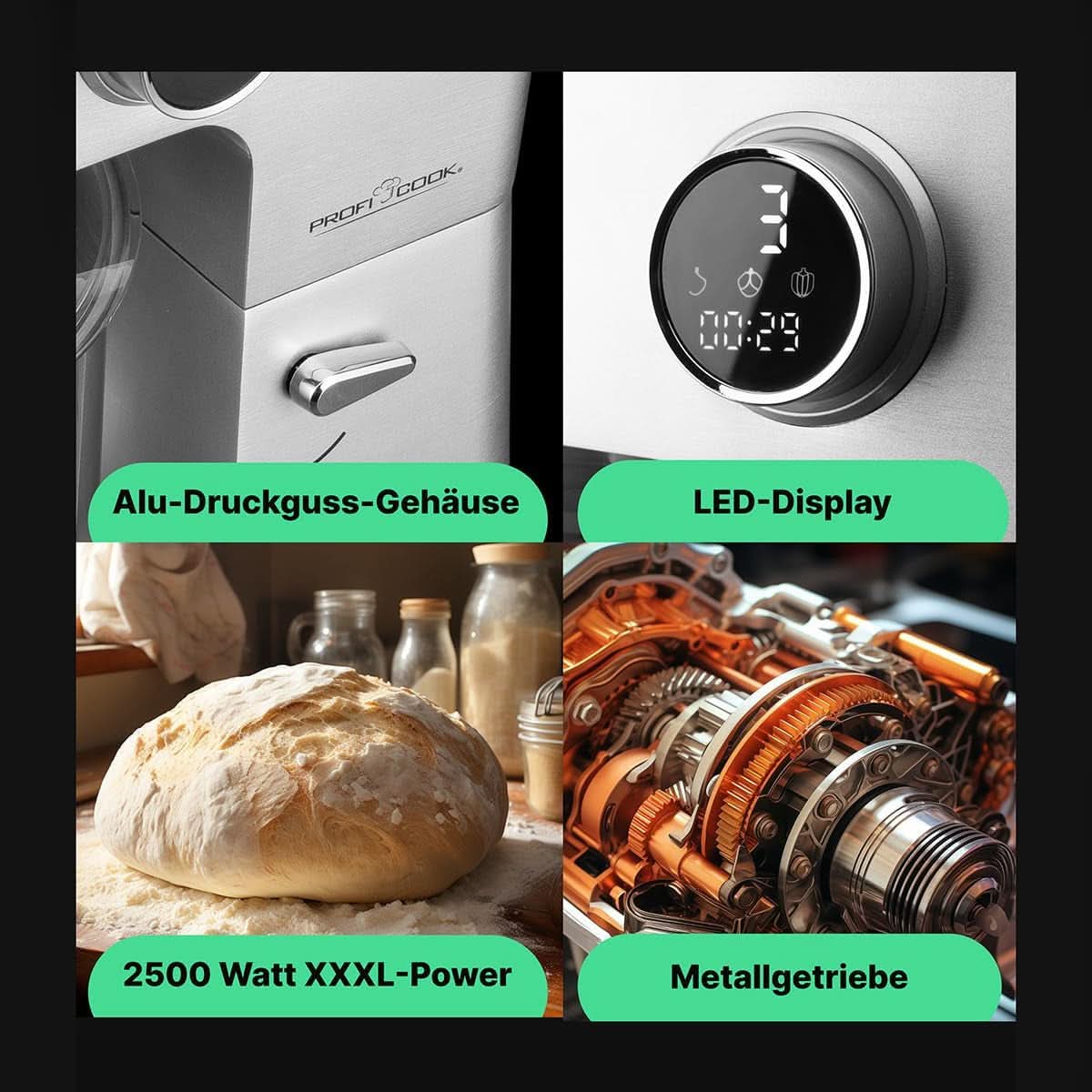 Proficook® Machine de cuisine avec XXL 12L Schüssel | Machine à laver avec moteur Longlife-Profi 2500W | Métallurgie et affichage LED | Robot Culinaire Pour Bis Zu 8,5 Kg Pâte | 13 vitesses | PC KM 1254 Mère et Enfant Naty Shop