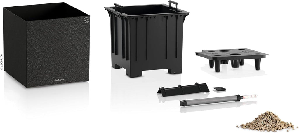 Ghiveci LECHUZA Canto Slatestone 40 Low Gri Închis, ghiveci cu sistem de udare, indicator al nivelului apei și inserție pentru plante, aspect ardezie, 40 x 40 x 40 cm, 15951