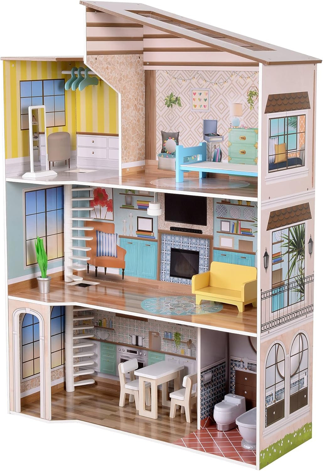 Olivia's Little World Maison de poupée interactive en bois à 3 étages de style méditerranéen contemporain pour enfants avec 17 accessoires de meubles de poupée multicolore TD-13551B