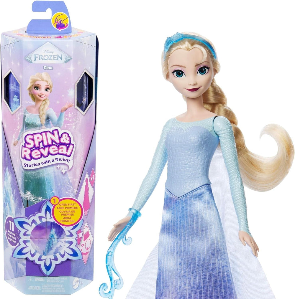Mattel Disney The Ice Queen Elsa Fashion Doll Set, Spin & Reveal avec 11 surprises, dont 5 accessoires, 5 autocollants et une scène de jeu, inspirée du film Disney, HTG25 Dolls Naty Shop Elsa Fashion Doll Set