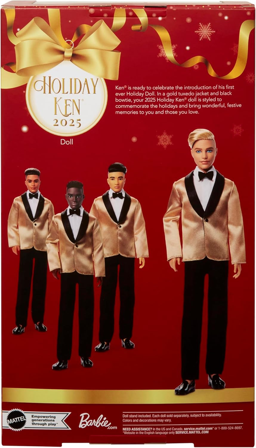 Barbie Signature 2025 Holiday Blonder Ken Modepuppe zum Sammeln in completem Anzug mit Goldener Jacke in Einer Verpackung zum Ausstellen et mit Puppenständer, JGK55